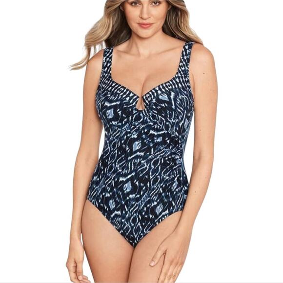 Miraclesuit Platinum Print Escape One Piece‎ Swimsuit Blue and White Size 16 New - Picture 1 of 9